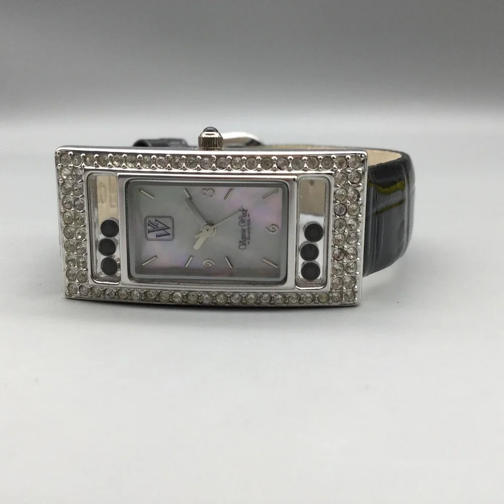 Victoria Wieck Womens Watch 19mm MOP Dial Leather Crystal Bezel New Battery